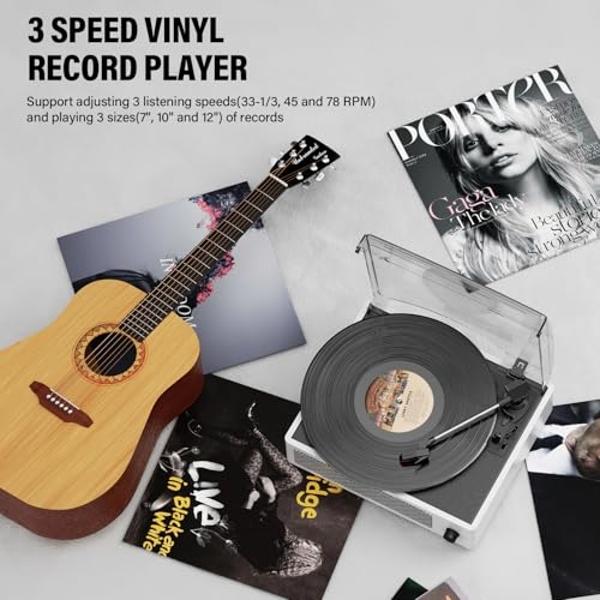 Record Player Wireless Bluetooth Turntable with Speakers for Vinyl Records Belt-Driven Vintage Turntable Support 3-Speed, Headphone, RCA Line, AUX-in for LP Players Home Decoration