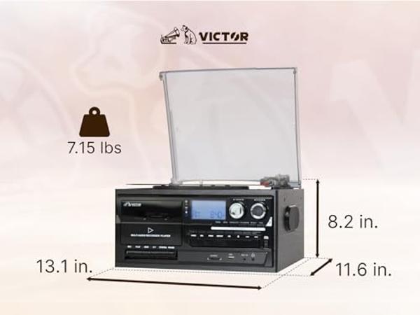 Victor VWRP-4200 Cosmopolitan 8-in-1 Turntable Music Center with 3-Speed Record Player, CD/MP3/Cassette Player, AM/FM Radio, Dual Bluetooth in & Out, USB Playback & Recording