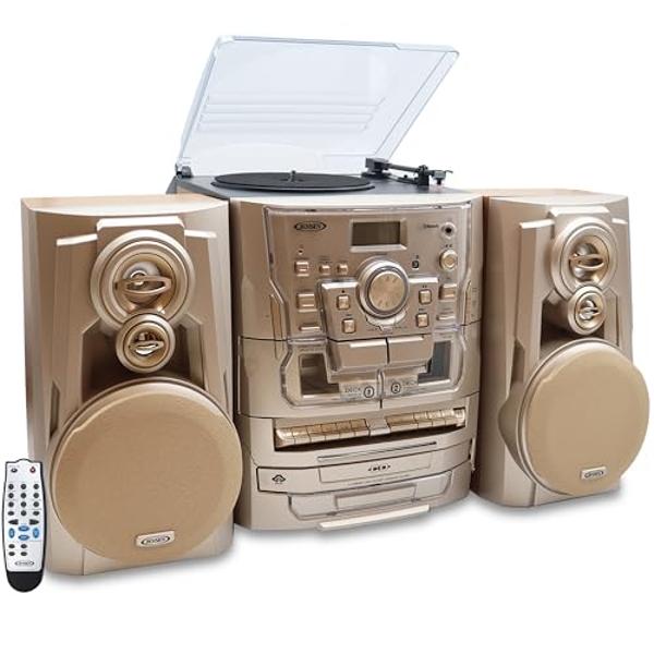 Jensen® Bluetooth® 3-Speed Turntable CD Player Home Stereo System with Turntable 3 CD Changer Music System, Dual Cassette Deck, Stereo Record Player with Remote Control, Gold