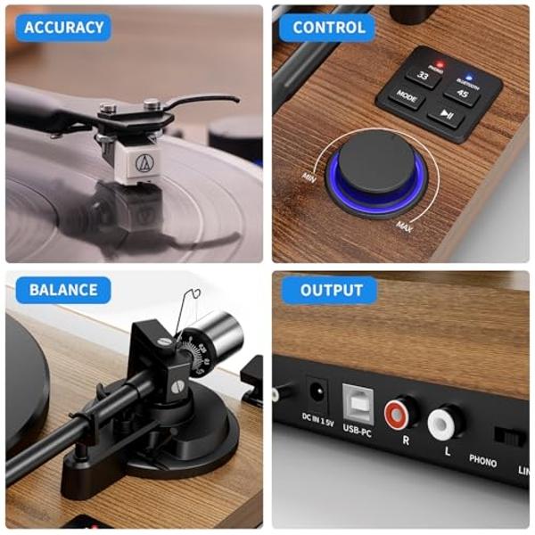 Bluetooth Turntable HiFi System with 36 Watt Bookshelf Speakers, Patend Designed Vinyl Record Player with Magnetic Cartridge, Bluetooth Playback and Auto Off