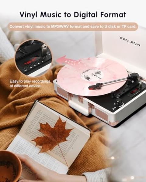 Vinyl Record Player Bluetooth with USB Recording, Vintage 3-Speed Portable Suitcase Turntables with Built-in Speakers & EQ, Belt-Driven LP Player Support AUX/RCA/Headphone Jack, Wh