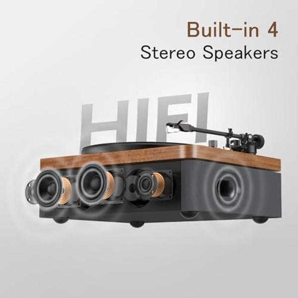 1 by ONE All-in-One Vinyl Record Player, HiFi Turntable Built-in Speakers, Phono Preamp, Magnetic Cartridge AT-3600L, Belt Drive 2 Speeds, Vintage Wood Design