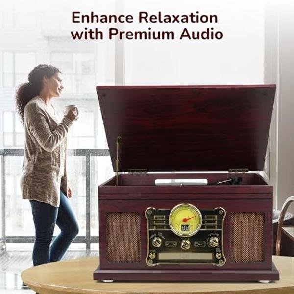 FEKTIK Bluetooth Record Player 10 in 1,FEKTIK 3-Speed Turntable for Vinyl with Speakers, LP to MP3 Converter, CD, Cassette Player, FM Radio, Wireless Streaming | Coffee