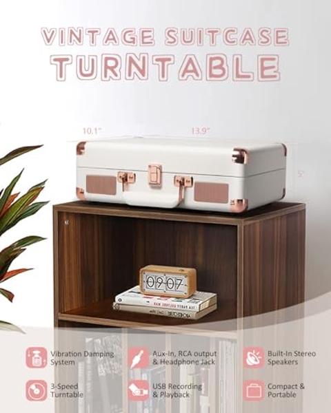 Vinyl Record Player Bluetooth with USB Recording, Vintage 3-Speed Portable Suitcase Turntables with Built-in Speakers & EQ, Belt-Driven LP Player Support AUX/RCA/Headphone Jack, Wh