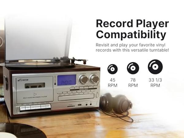 Victor VWRP-4200 Cosmopolitan 8-in-1 Turntable Music Center with 3-Speed Record Player, CD/MP3/Cassette Player, AM/FM Radio, Dual Bluetooth in & Out, USB Playback & Recording