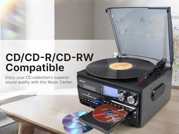 Victor VWRP-4200 Cosmopolitan 8-in-1 Turntable Music Center with 3-Speed Record Player, CD/MP3/Cassette Player, AM/FM Radio, Dual Bluetooth in & Out, USB Playback & Recording