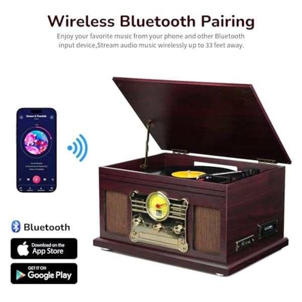 FEKTIK Bluetooth Record Player 10 in 1,FEKTIK 3-Speed Turntable for Vinyl with Speakers, LP to MP3 Converter, CD, Cassette Player, FM Radio, Wireless Streaming | Coffee