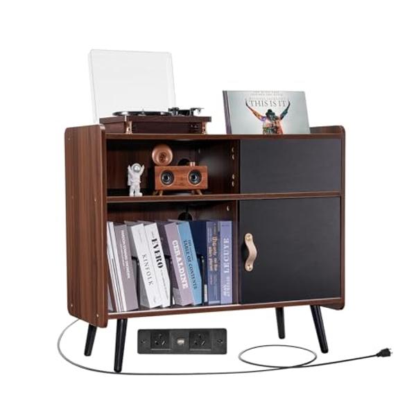 VEVOR Record Player Stand with Power Outlet, Turntable Stand Holds Up to 350 Albums, Record Player Table with Vintage Vinyl Record Storage for Living Room, Bedroom, Brown