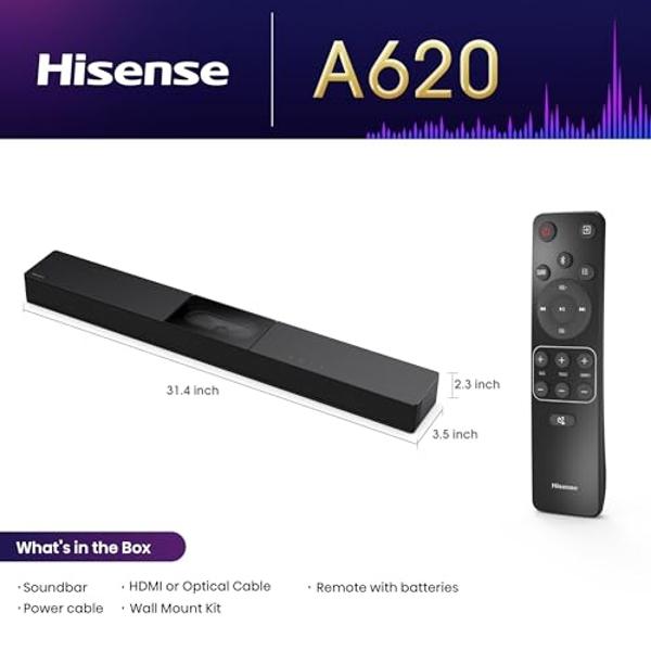 Hisense A620 2.1ch All-in-one Sound Bar with Built-in Subwoofer, 240W, DTS Virtual: X, Dolby Dightal Plus, Bluetooth 5.3, Roku TV Ready, HDMI ARC/AUX/USB, Ez Play, Black (A620, 202