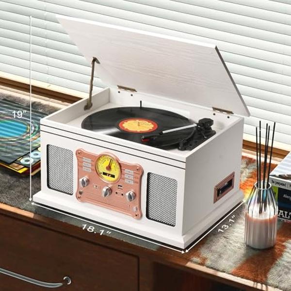 Vinyl Record Player Bluetooth with USB Recording, Vintage 3-Speed Portable Suitcase Turntables with Built-in Speakers & EQ, Belt-Driven LP Player Support AUX/RCA/Headphone Jack, Wh