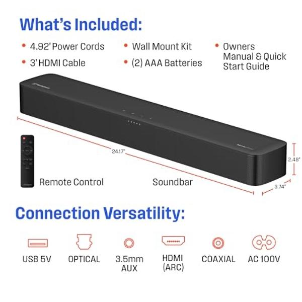 Westinghouse 2.0 Channel Compact Mini Soundbar with Dolby Atmos and Digital Plus, 120W Surround Sound System for TV, Home Theater Audio, Bluetooth, Easy Setup, Roku TV Ready