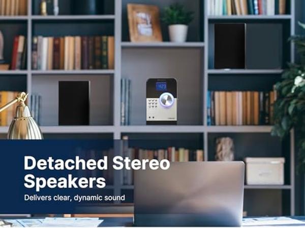 Emerson ES-4000 Bluetooth Micro Music System with MP3, CD Player, FM Radio, Alarm Clock, USB Playback, AUX Input, LED Display, Compact Design, and Remote Control