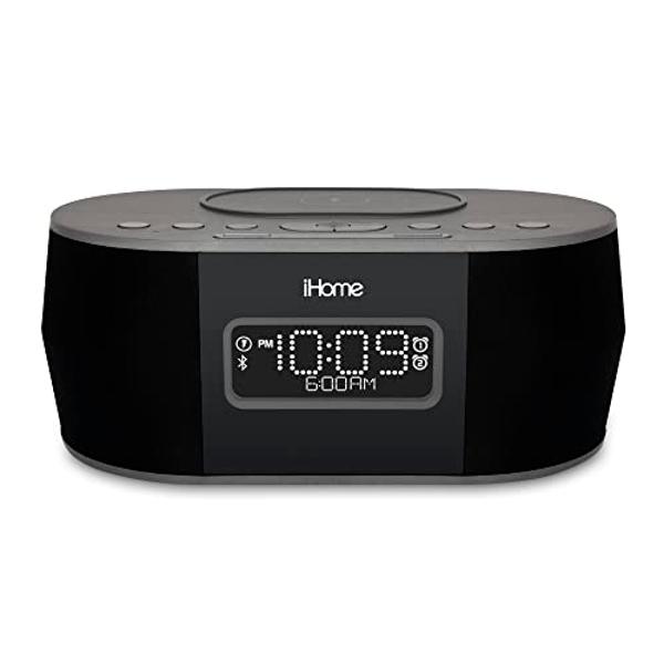 iHome Alarm Clock for Bedroom with Wireless Charger, Bluetooth Speaker, and USB Charger for iPhone, Android, and More (iBTW38)