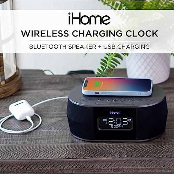 Emerson ER100401 Smartset 15Watt Ultra Fast Wireless Charging Dual Alarm Clock Radio with Bluetooth Speaker, USB Charger, Cyan LED Night Light and 1.4" Display