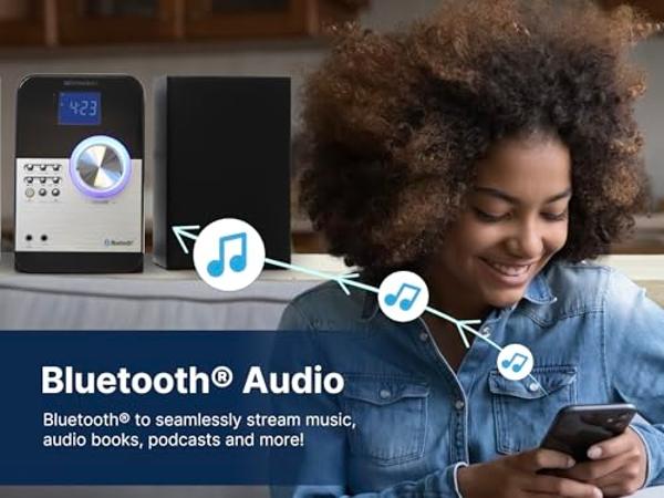 Emerson ES-4000 Bluetooth Micro Music System with MP3, CD Player, FM Radio, Alarm Clock, USB Playback, AUX Input, LED Display, Compact Design, and Remote Control