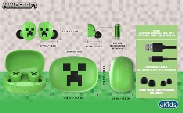 eKids Minecraft Bluetooth Earbuds with Microphone, Wireless Earbuds with Charging Case for Ear Buds, Designed for School, Home, or Travel