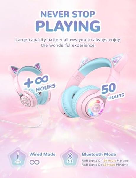 iClever Cat Ear Kids Bluetooth Headphones, LED Lights Up, 74/85dBA Safe Volume Limited, 50H Playtime,Bluetooth 5.2, USB C, Kids Headphones Wireless for Travel iPad Tablet, Meow Mac