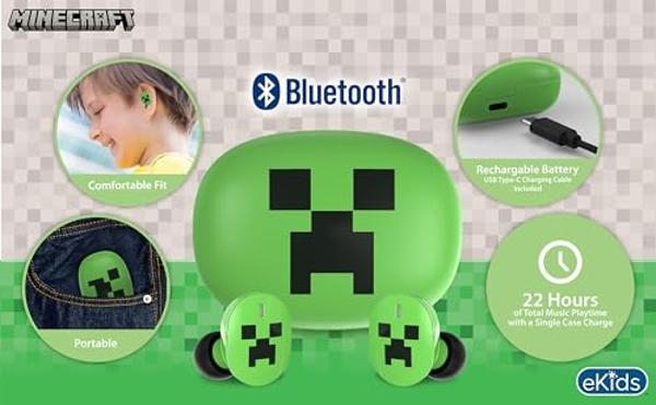 eKids Minecraft Bluetooth Earbuds with Microphone, Wireless Earbuds with Charging Case for Ear Buds, Designed for School, Home, or Travel