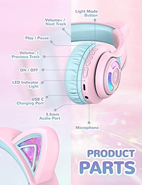 iClever Cat Ear Kids Bluetooth Headphones, LED Lights Up, 74/85dBA Safe Volume Limited, 50H Playtime,Bluetooth 5.2, USB C, Kids Headphones Wireless for Travel iPad Tablet, Meow Mac
