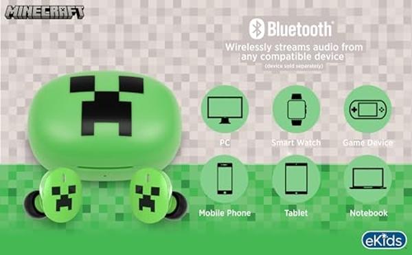 eKids Minecraft Bluetooth Earbuds with Microphone, Wireless Earbuds with Charging Case for Ear Buds, Designed for School, Home, or Travel