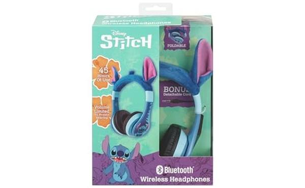 eKids Disney Stitch Bluetooth Headphones, Wireless Headphones with Microphone Includes Aux Cord, Volume Reduced Kids Foldable Earphones for School, Home, or Travel