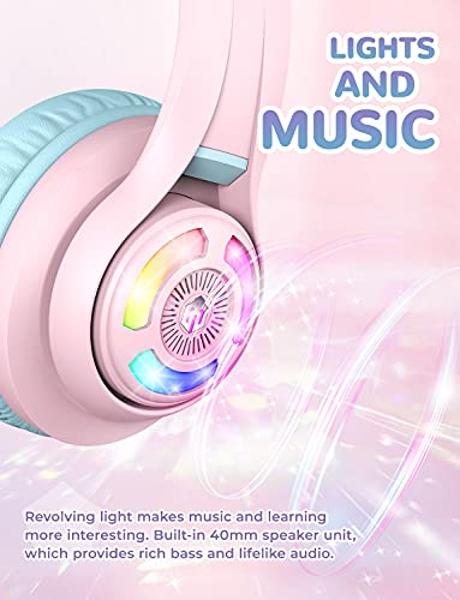 iClever Cat Ear Kids Bluetooth Headphones, LED Lights Up, 74/85dBA Safe Volume Limited, 50H Playtime,Bluetooth 5.2, USB C, Kids Headphones Wireless for Travel iPad Tablet, Meow Mac