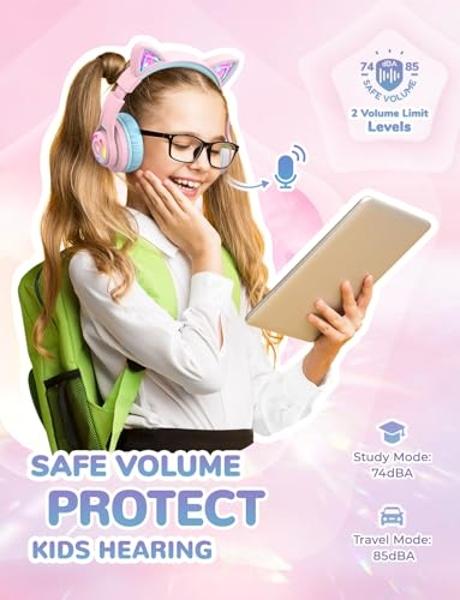 iClever Cat Ear Kids Bluetooth Headphones, LED Lights Up, 74/85dBA Safe Volume Limited, 50H Playtime,Bluetooth 5.2, USB C, Kids Headphones Wireless for Travel iPad Tablet, Meow Mac