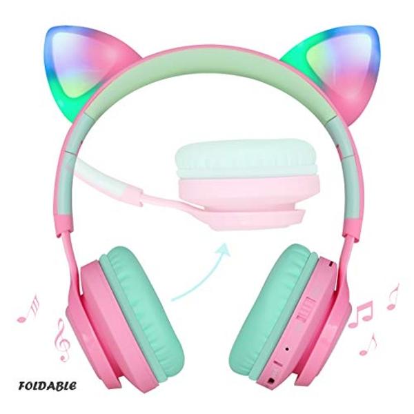iClever Cat Ear Kids Bluetooth Headphones, LED Lights Up, 74/85dBA Safe Volume Limited, 50H Playtime,Bluetooth 5.2, USB C, Kids Headphones Wireless for Travel iPad Tablet, Meow Mac