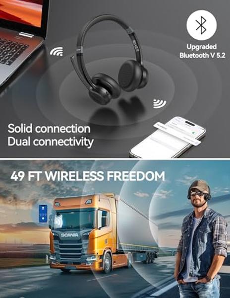 TECKNET Wireless Headset, Bluetooth Headset with AI Noise Cancelling Microphone - Rechargeable Bluetooth V5.2 Headphones, 50H Playtime & Mic Mute, On Ear Headphones for Trucker/Rem