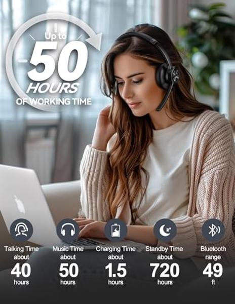 TECKNET Wireless Headset, Bluetooth Headset with AI Noise Cancelling Microphone - Rechargeable Bluetooth V5.2 Headphones, 50H Playtime & Mic Mute, On Ear Headphones for Trucker/Rem