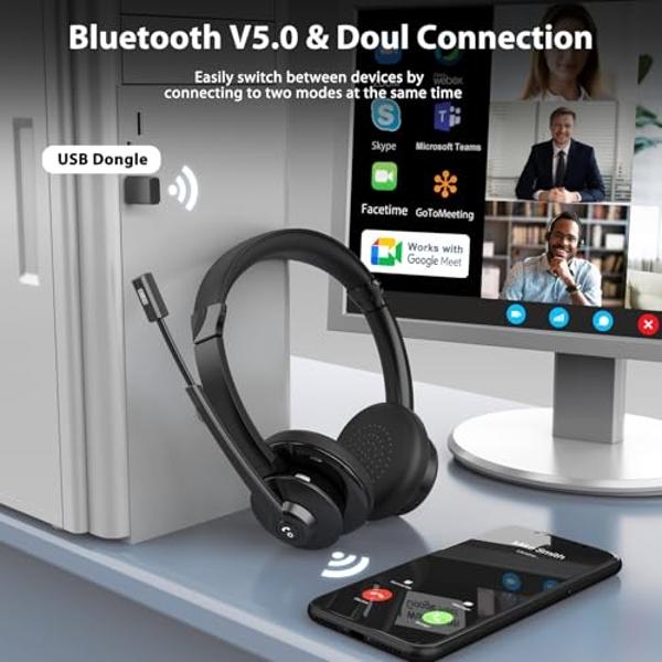 Vonztek Wireless Headset，Bluetooth Headset with Microphone Noise Cancellation Wireless Headphones with USB Dongle Connection and Microphone Mute for PC/Laptop/Smartphone/Teams/Home