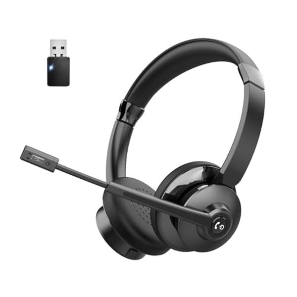 Vonztek Wireless Headset，Bluetooth Headset with Microphone Noise Cancellation Wireless Headphones with USB Dongle Connection and Microphone Mute for PC/Laptop/Smartphone/Teams/Home