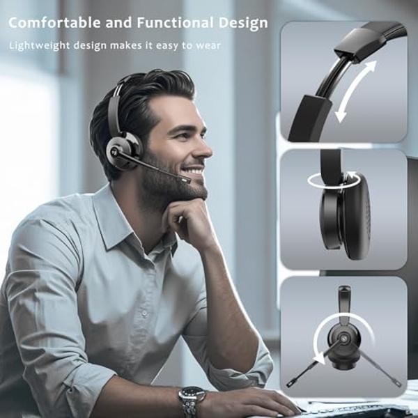 Vonztek Wireless Headset，Bluetooth Headset with Microphone Noise Cancellation Wireless Headphones with USB Dongle Connection and Microphone Mute for PC/Laptop/Smartphone/Teams/Home