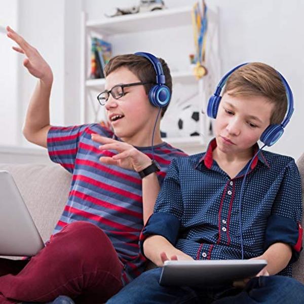POWMEE P10 Kids Stereo Headphones with Microphone for Children Boys Girls,Adjustable 85dB/94dB Volume Control Foldable On-Ear Headphone for School/PC/Cellphone(Blue)