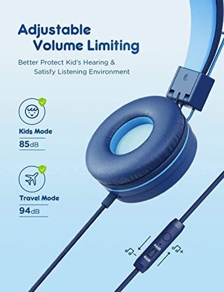 iClever 2 Pack Kids Headphones with Sharing Splitter - HS22 Safe Volume Limited - HD Microphone Tangle-Free Foldable Stereo Wired Headphones for Kids Teens for School/Tablet/Travel