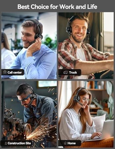 TECKNET Wireless Headset, Bluetooth Headset with AI Noise Cancelling Microphone - Rechargeable Bluetooth V5.2 Headphones, 50H Playtime & Mic Mute, On Ear Headphones for Trucker/Rem
