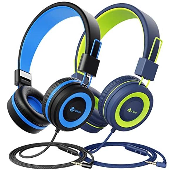 iClever 2 Pack Kids Headphones with Sharing Splitter - HS22 Safe Volume Limited - HD Microphone Tangle-Free Foldable Stereo Wired Headphones for Kids Teens for School/Tablet/Travel