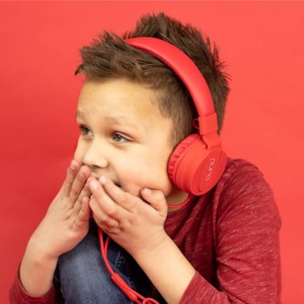 Puro Sound Labs PuroBasic Volume Limiting Wired Headphones for Kids, Foldable & Adjustable Headband w/Microphone, Compatible with Smartphones, Tablets and PC’s –Red