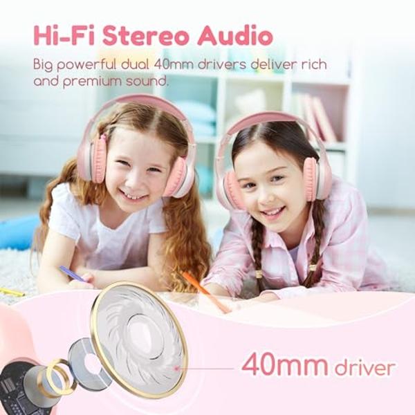 EarFun K2 Kids Bluetooth Headphones, Kids Headphones with Volume Limited, 40H Playtime, Built-in Mic, Stereo Sound, Foldable Over-Ear Headphone for School/Travel/iPad/Tablet, Pink
