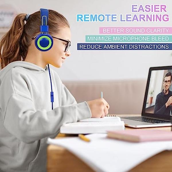 POWMEE P10 Kids Stereo Headphones with Microphone for Children Boys Girls,Adjustable 85dB/94dB Volume Control Foldable On-Ear Headphone for School/PC/Cellphone(Blue)