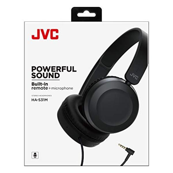 JVC Lightweight On Ear Headphones with Powerful Sound, Integrated Remote & Mic for Smartphones - HAS31MB (Black), Medium