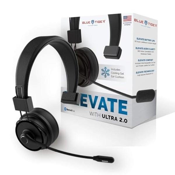 Blue Tiger Elite Ultra 2.0 Wireless Bluetooth Headset – One-Ear Piece Trucker Professional Headset - Bluetooth 5.2 Headset with Microphone – 60 Hours Talk Time, 1200 Hours Standby