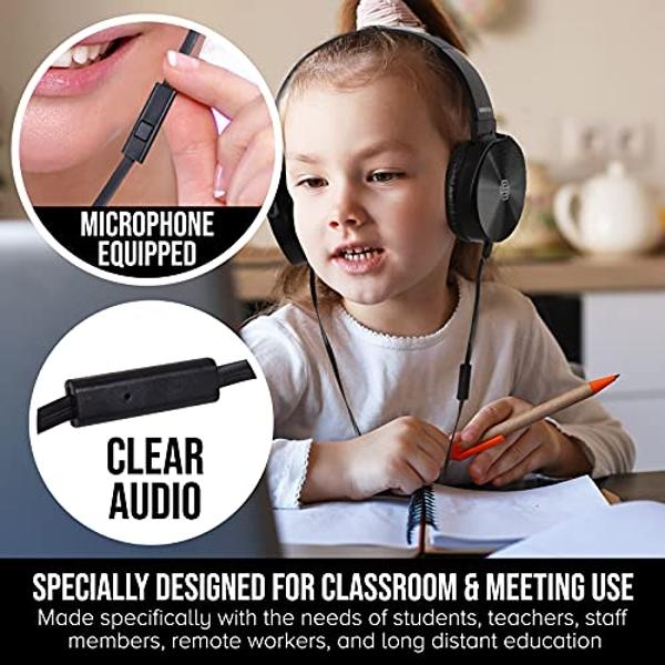 Classroom Headphones-Bulk 10-Pack, Student On Ear Comfy Swivel Earphones for Library, School, Airplane, Kids-for Online Learning and Travel, HQ Stereo Sound 3.5mm Jack (Black with 