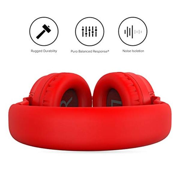 Puro Sound Labs PuroBasic Volume Limiting Wired Headphones for Kids, Foldable & Adjustable Headband w/Microphone, Compatible with Smartphones, Tablets and PC’s –Red