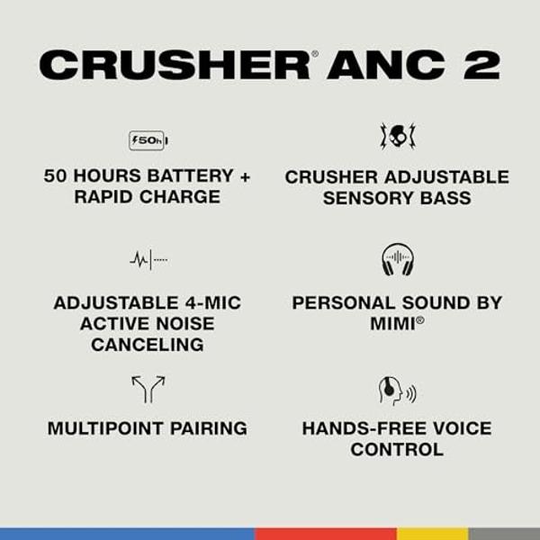 Skullcandy Crusher ANC 2 Wireless Over-Ear Bluetooth Headphones with Multi-Sensory Bass and Charging Cable, Active Noise Cancelling, Up to 60 Hours Battery, Microphone for iPhone A