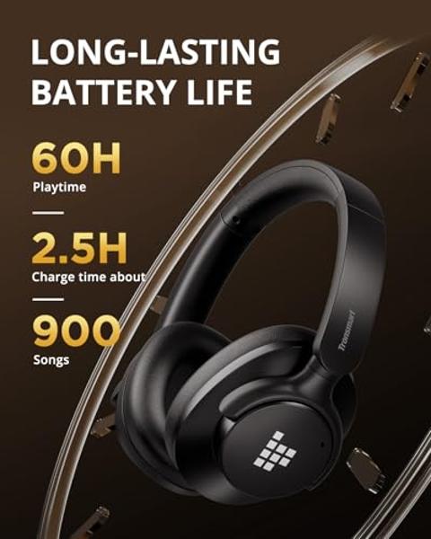 Tronsmart Q20S Hybrid Active Noise Cancelling Headphones, Wireless Over Ear Headphones with Mic, Hi-Res Audio, 60H Playtime, Deep Bass Custom EQ via App, Comfort Fit, for Travel Ho