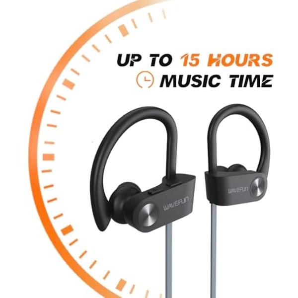 WAVEFUN Wireless Headphones with Ear Hook, XBuds Bluetooth Earbuds Over Ear IPX7 Waterproof Sports Workout Outdoor Headsets Super Bass with Earhooks 15 Hours Music Time with Mic (G