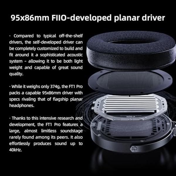 FiiO FT1 Pro Open-Back Planar Magnetic Wired Hi-Fi Headphones for Home, Studio, Recording, High Sensitivity (Black)