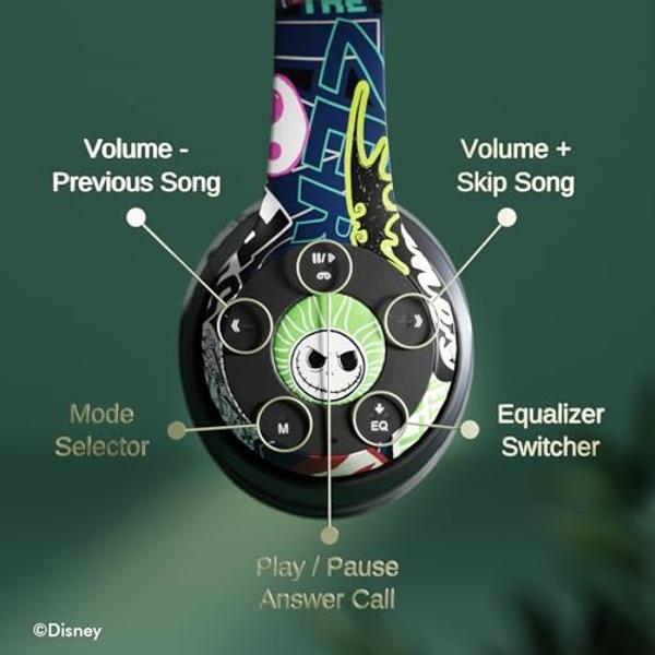 Disney Nightmare Before Christmas Jack Sticker Bluetooth Headphones - Wireless Foldable Over-Ear Headset, Built-in Mic, Enchanting Sally & Friends Design, for Adults & Kids