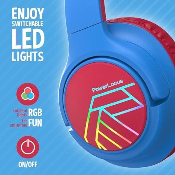 PowerLocus Kids Wireless Headphones, Bluetooth Kids Headphones LED Lights Over Ear with 74/85/94dB Volume Limited, 45H Playtime,Built-in Mic, Two Device Share Mode, HD Stereo for T